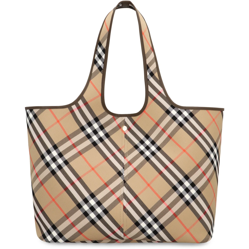 Burberry Geruite Motief Tote Tas met Leren Details Beige Dames