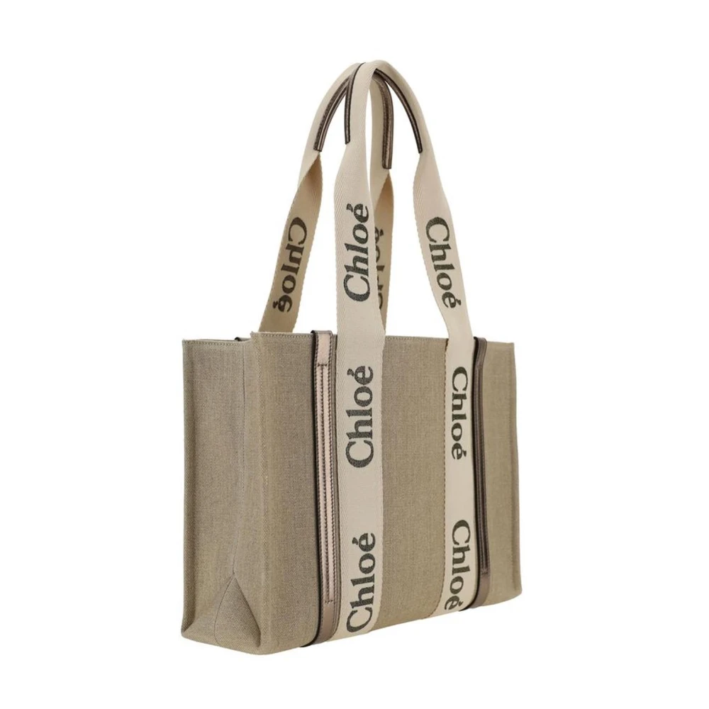 Chloé Linnen schoudertas met leren details Beige Dames