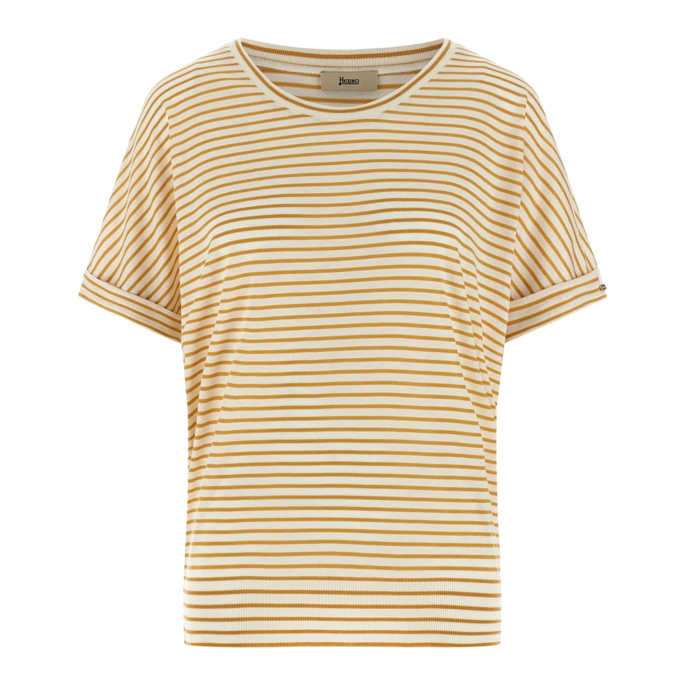 Herno Women's Yellow T-Shirts, S, Striped Cuffed-Sleeves T-Shirt