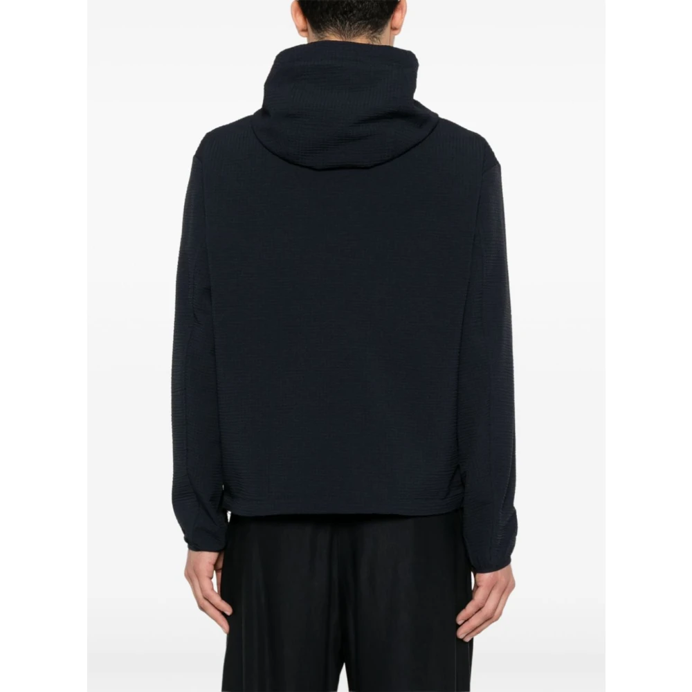 Emporio Armani Blauwe Seersucker Hooded Jas Lichtgewicht Rits Blue Heren