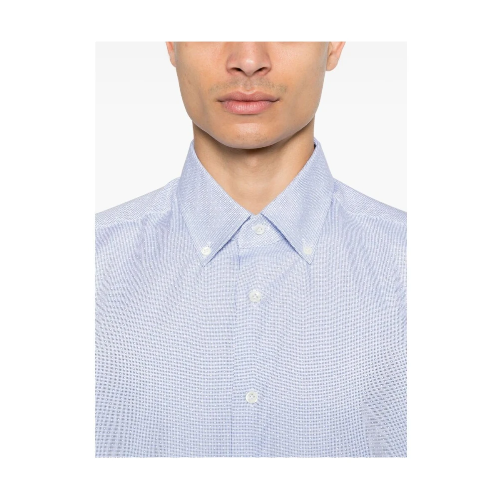 Mazzarelli Blauw Wit Katoenen Knoop-Down Overhemd Blue Heren