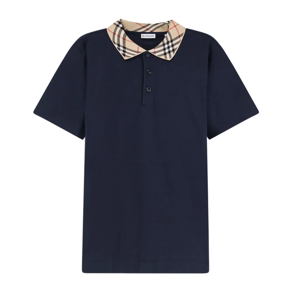 Burberry Blue Polo Shirts, Male, 2XL, Cotton Piqué Polo Shirt With Check Collar