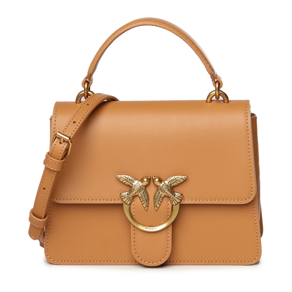 Pinko Bruine leren schoudertas met liefdesvogels gesp Brown Dames