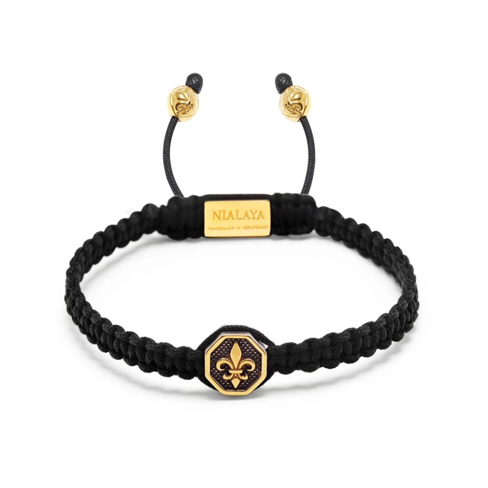 Nialaya Men's Black String Bracelet with Vintage Gold Fleur De Lis Charm Multicolor, Herr