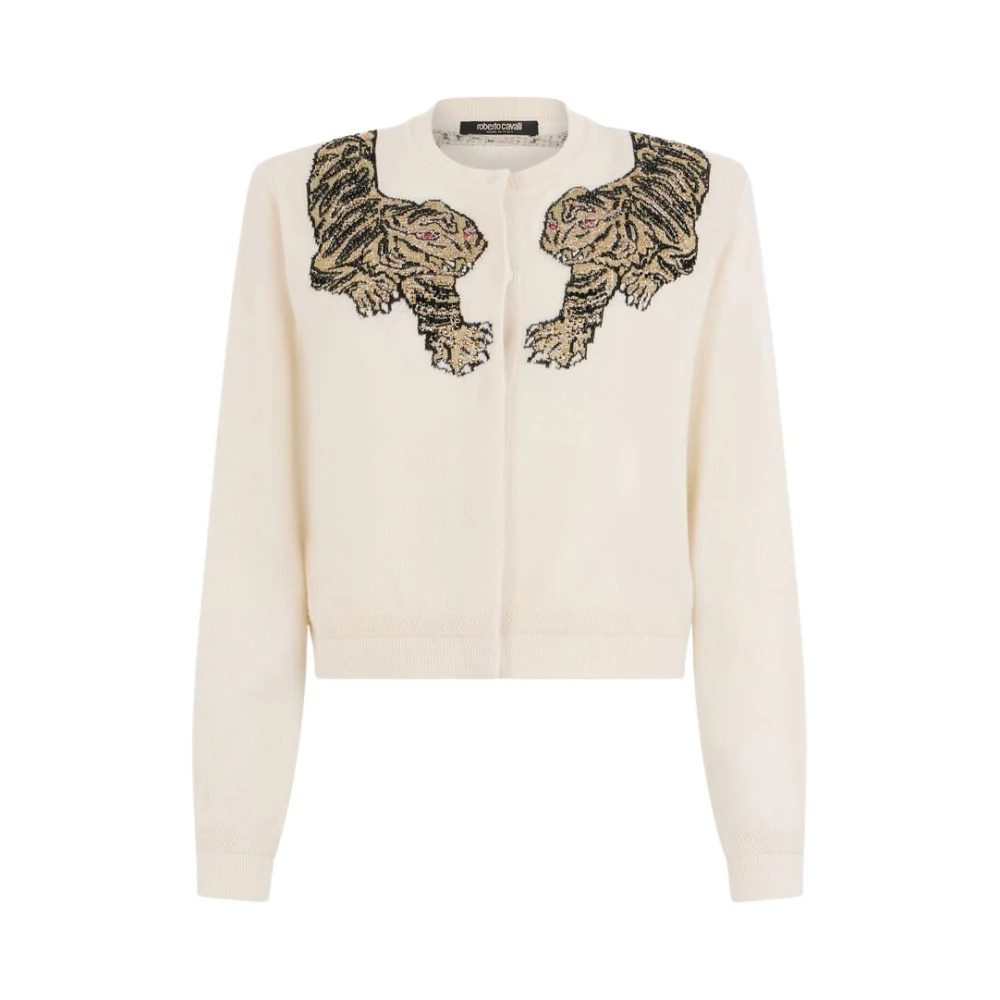 Roberto Cavalli Women's Beige Cardigans, S, Wool Cardigan With Tiger Embroidery