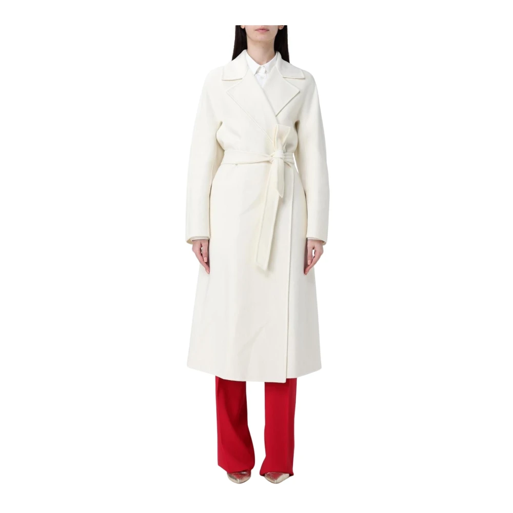 Max Mara Studio Women's White Belted Coats, S, Elegant Wool Coat With Belt