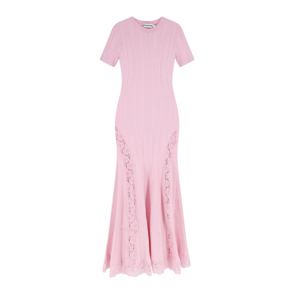 Self Portrait Women's Pink Knit Lace Insert Midi Dress