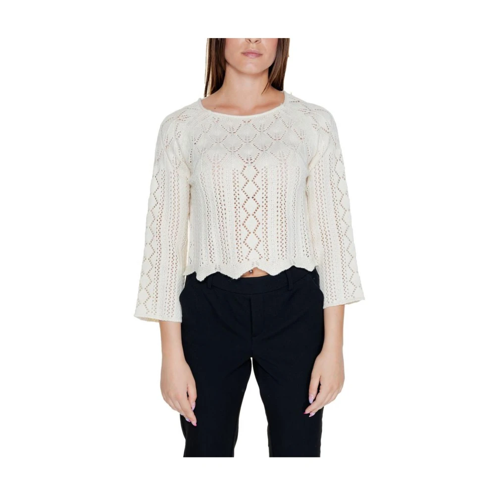 Vero Moda Women's Beige Round-Neck Knitwear, 2XS, Cropped Lace Knit Jumper