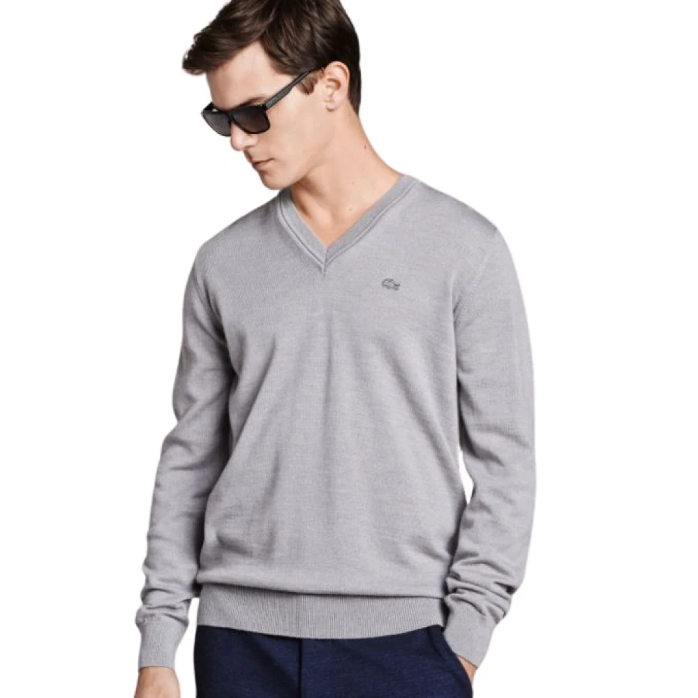 Lacoste Men's Gray Sweatshirts, Xs, V-Neck Wool Jumper