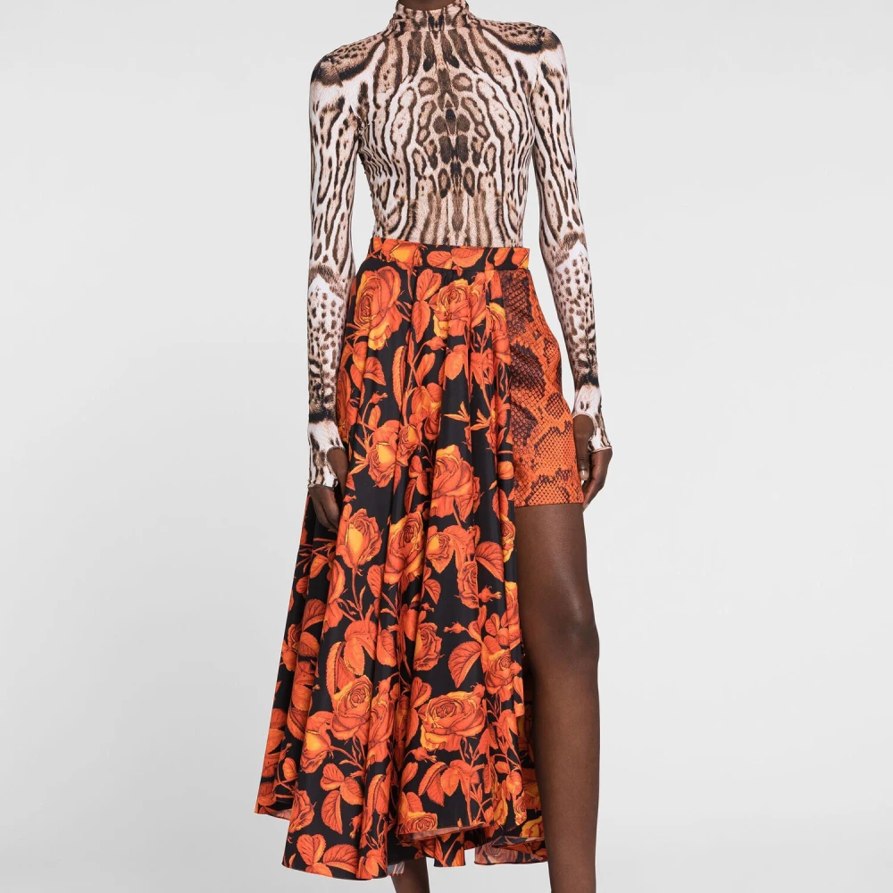 Roberto Cavalli Python-Print Asymmetrische Maxi Rok Orange Dames
