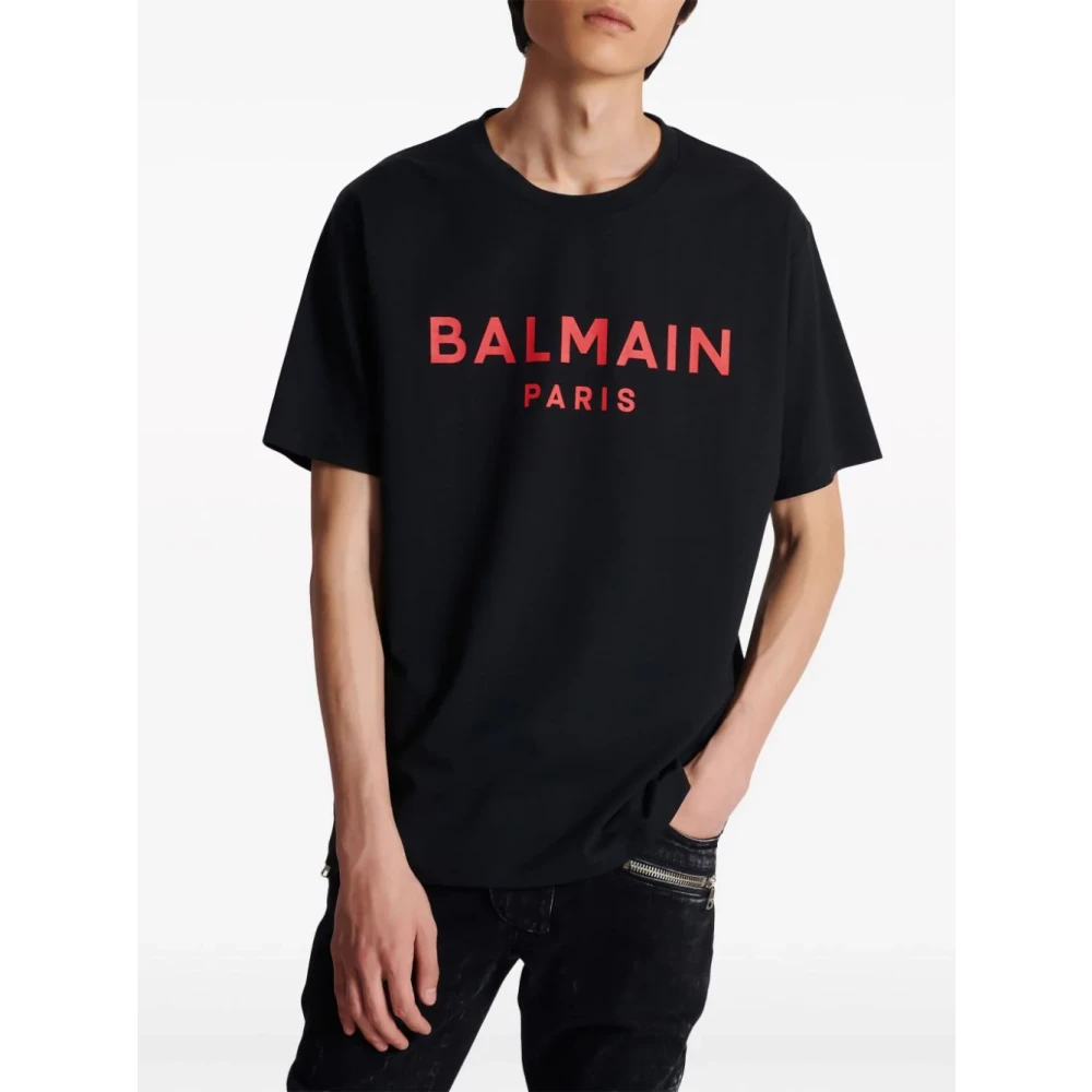 Balmain Zwart Logo Print Ronde Hals T-shirt Black Heren