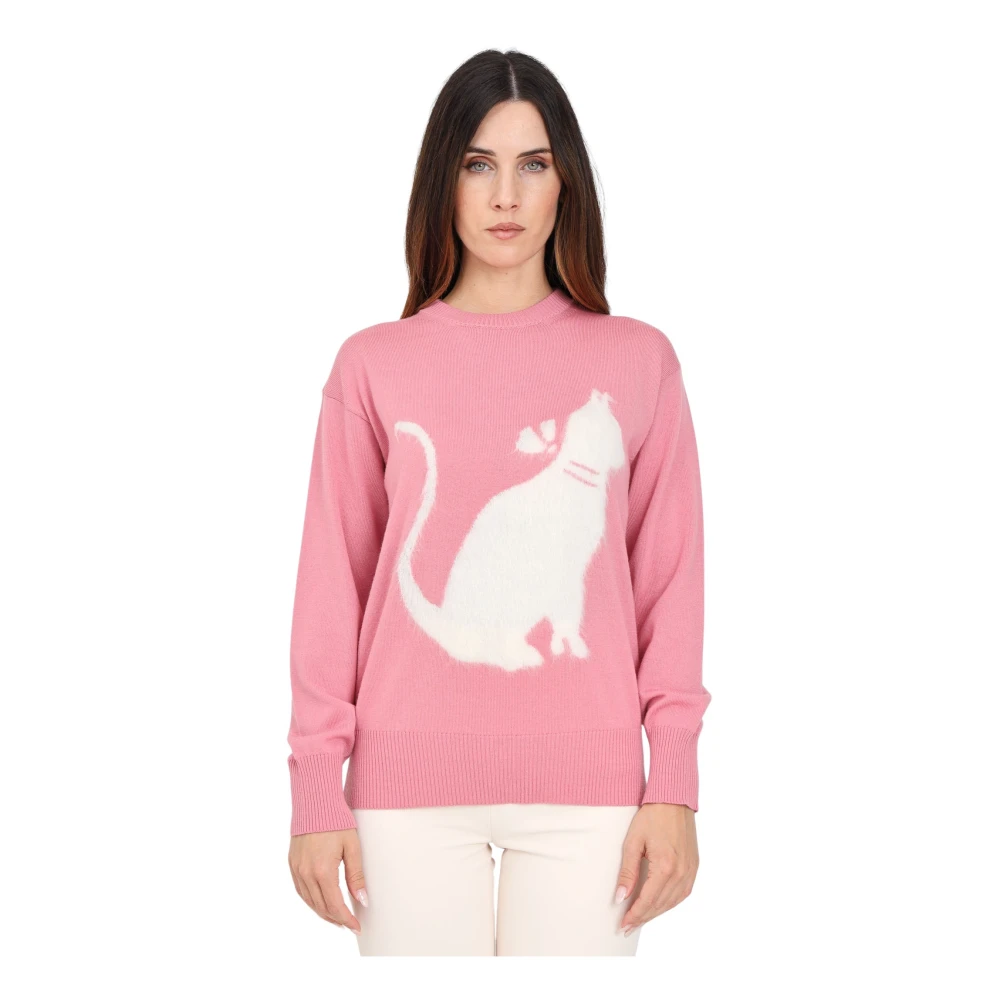 Max Mara Roze Kat Geborduurde Crew-Neck Sweater Pink Dames