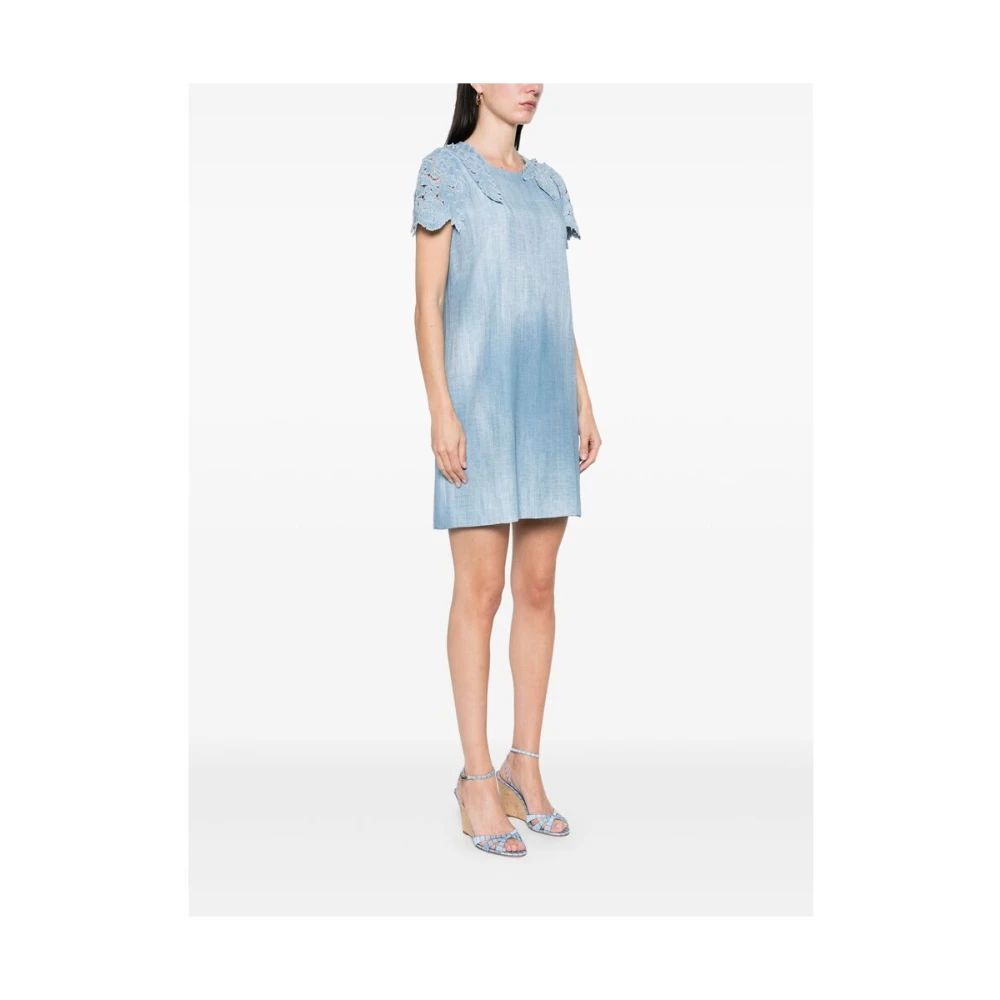 Ermanno Scervino Blauwe Bloemen Kant Korte Mouw Jurk Blue Dames