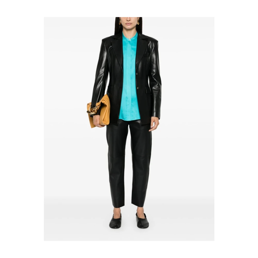 Forte Zijden Satijnen Mandarin Kraag Oversized Shirt Blue Dames