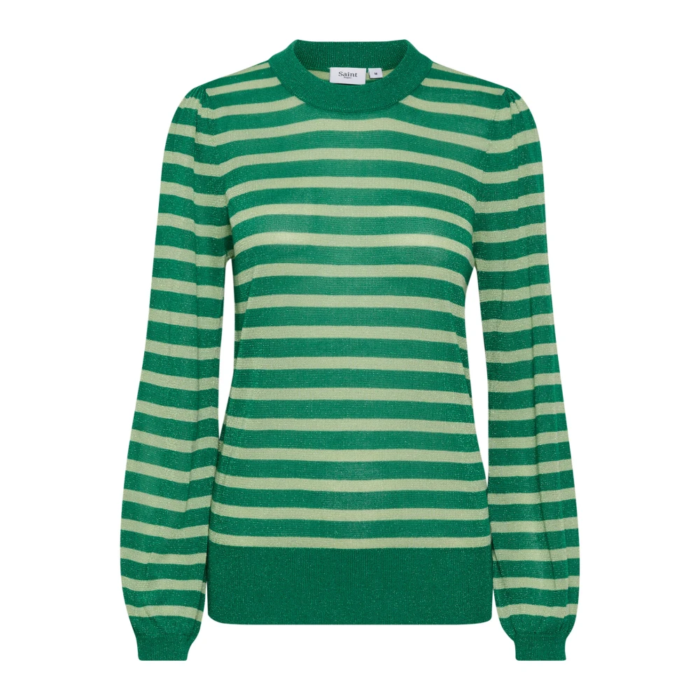 Saint Tropez Glitterende Pullover Sweater met Pofmouwen Green Dames