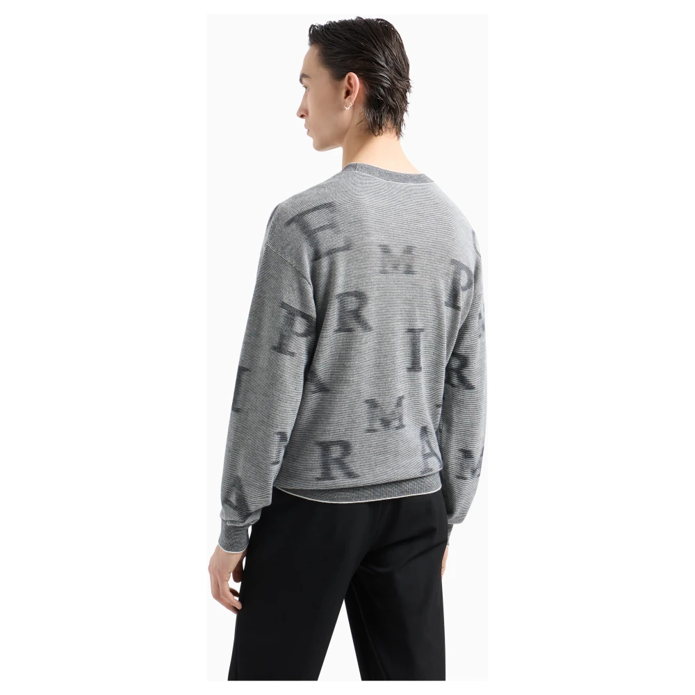 Emporio Armani Gestreepte wollen trui met jacquard-letters Gray Heren