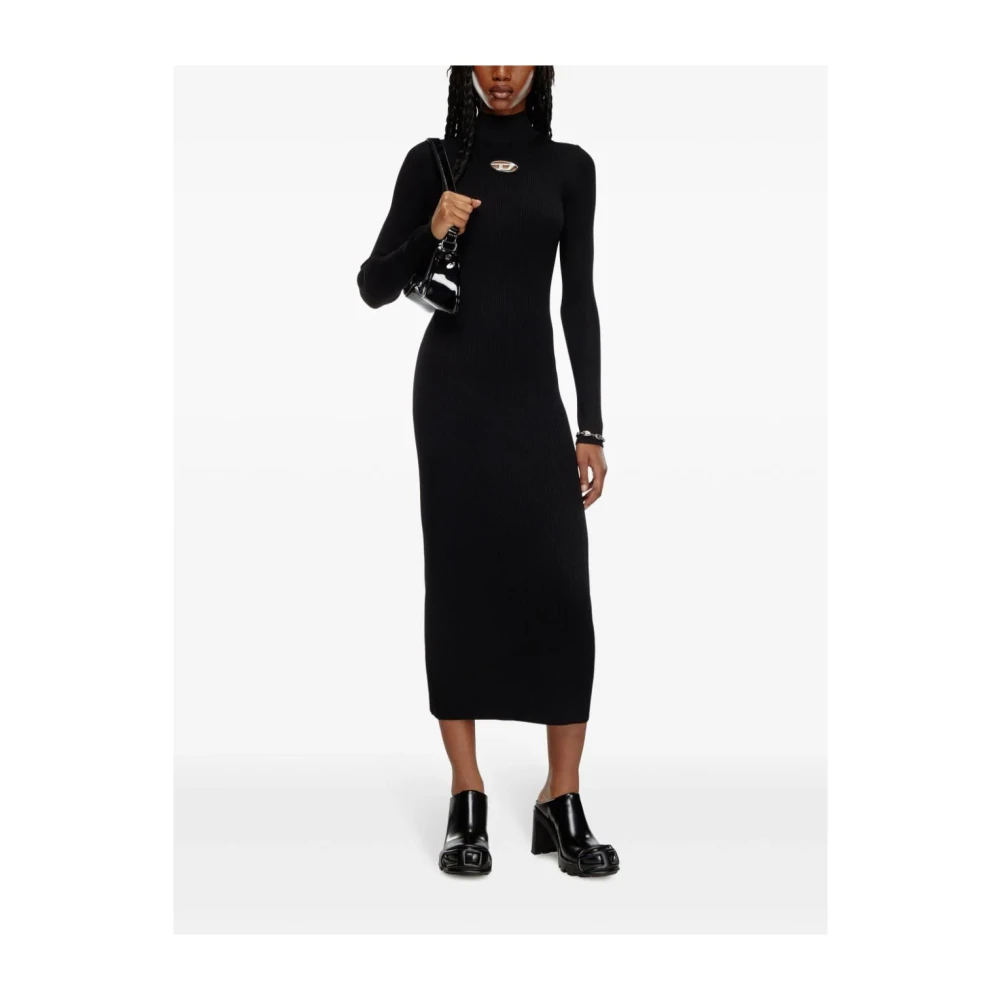 Diesel Ribgebreide Jurk met D-Plaat Black Dames