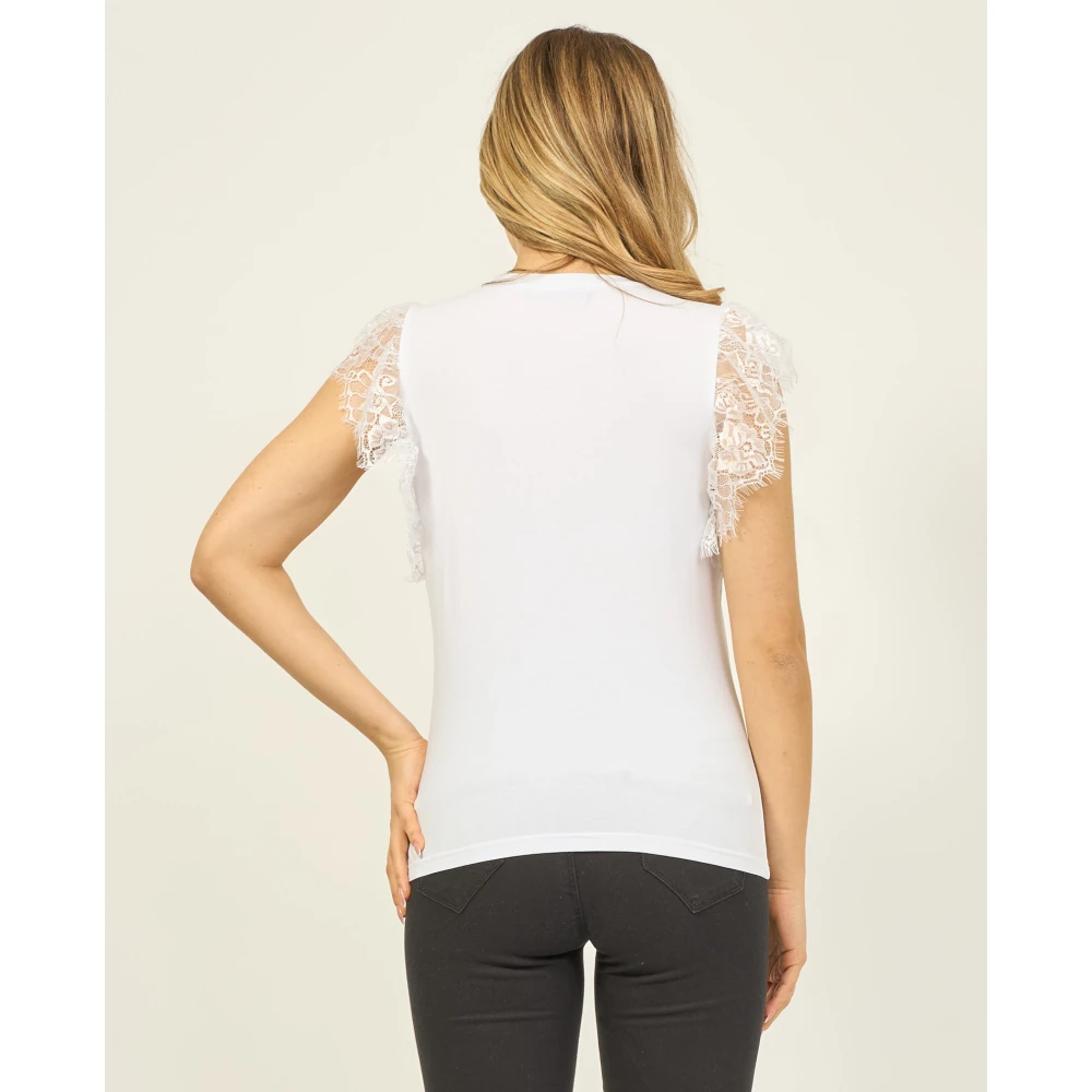 Gaudi Wit Katoenen Stretch T-shirt met Kant Details White Dames