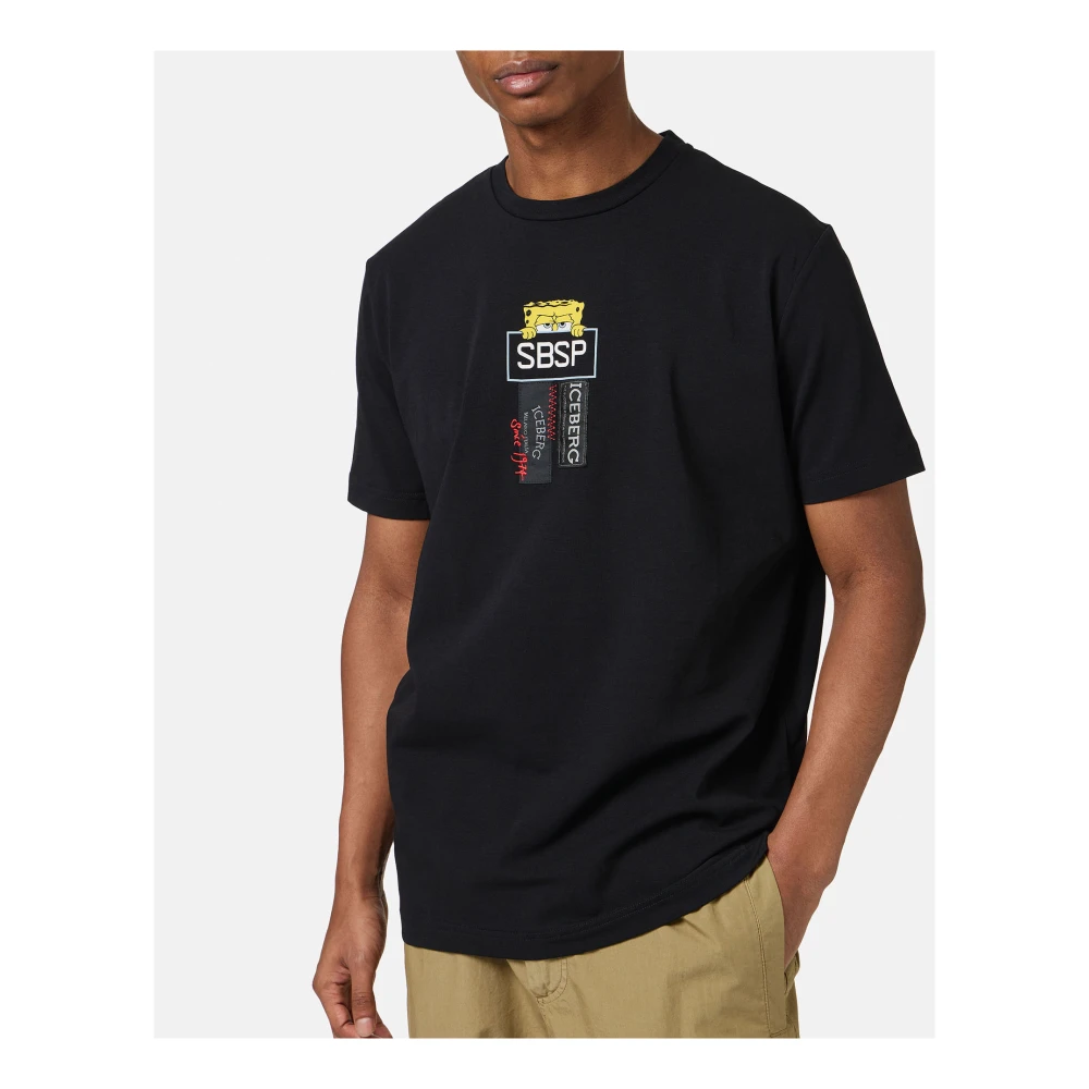 Iceberg Zwarte stretch katoenen T-shirt met Spongebob print Black Heren