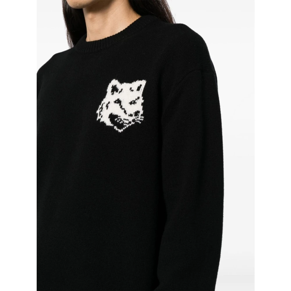 Maison Kitsuné Zwarte Fox Head Wollen Trui Sweater Black Heren