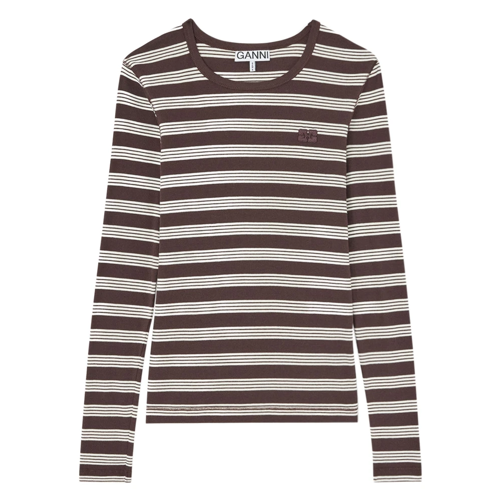Ganni Women's Multicolor Long Sleeve T-Shirts, Xs, Soft Cotton Stripe Rib Longsleeve Top