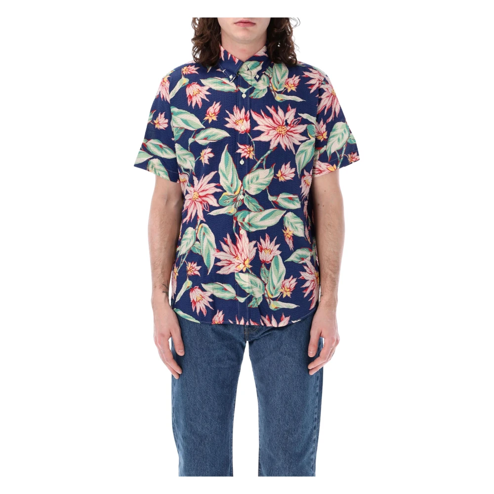 Ralph Lauren Navy Seersucker Korte Mouw Shirt Multicolor Heren