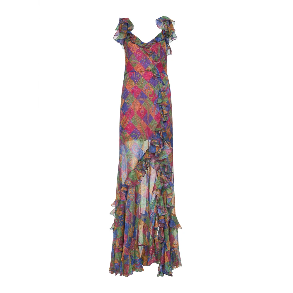 Etro Multicolor Silk Long Dress With Ruffles And Geometric Paisley Motif - Female - Maxi Dresses - M - Dresses