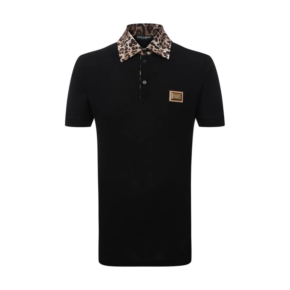 Dolce & Gabbana Men's Black Leopard Print Polo Shirt With Logo