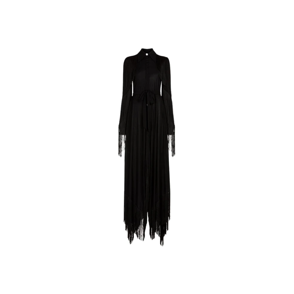 Roberto Cavalli Fringed Maxi Jurk met Punt Kraag Black Dames