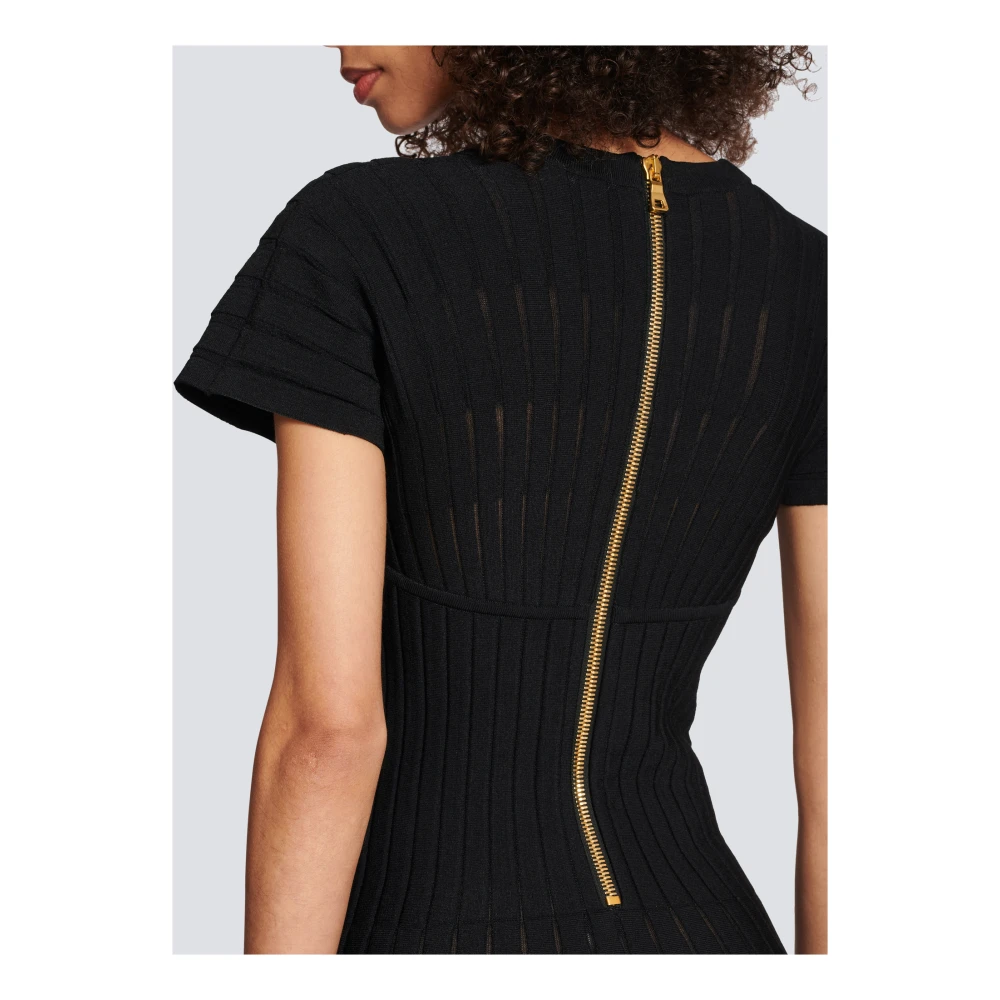 Balmain Korte Geplooide Gebreide Jurk Black Dames