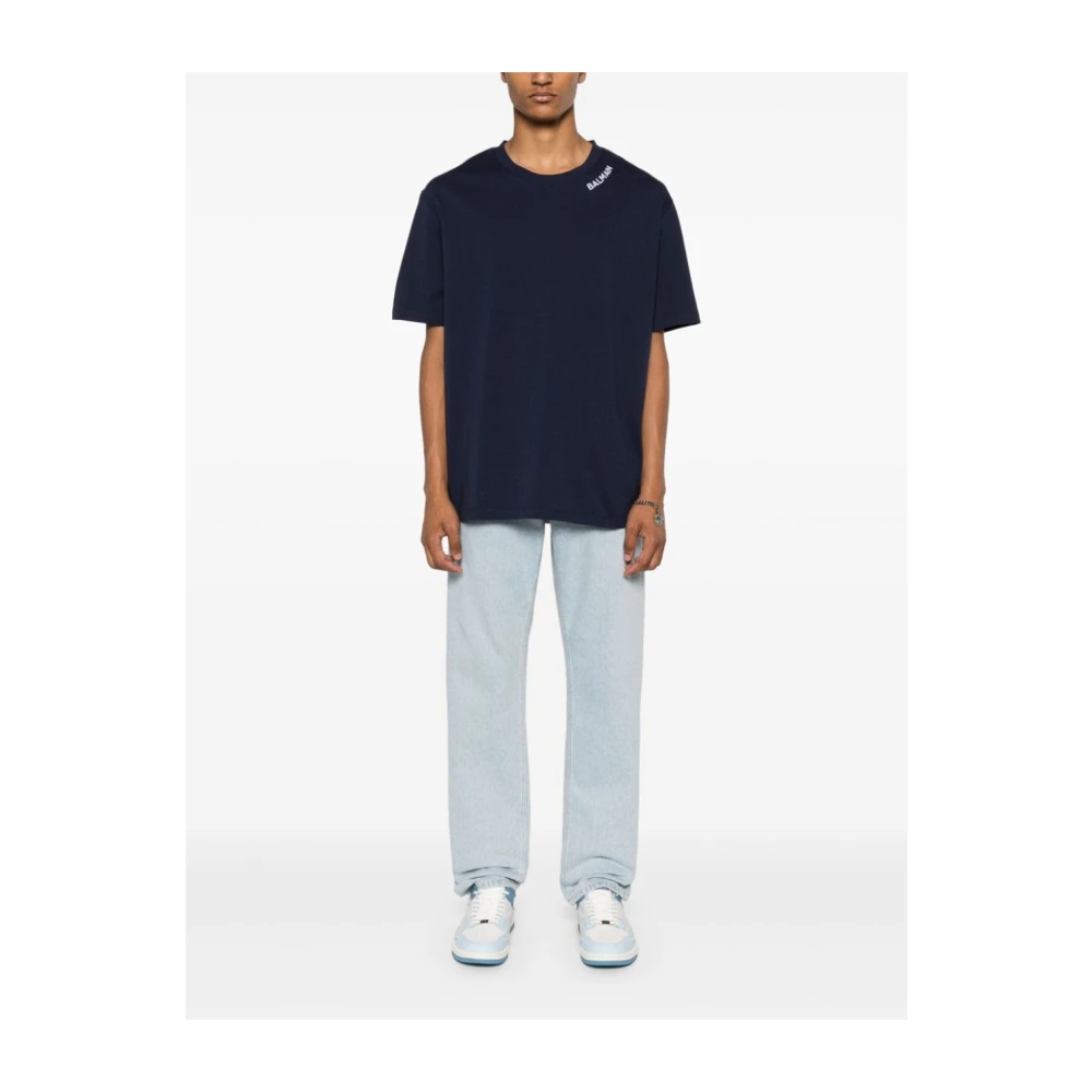 Balmain Marine Logo Wit Geborduurd T-shirt Blue Heren