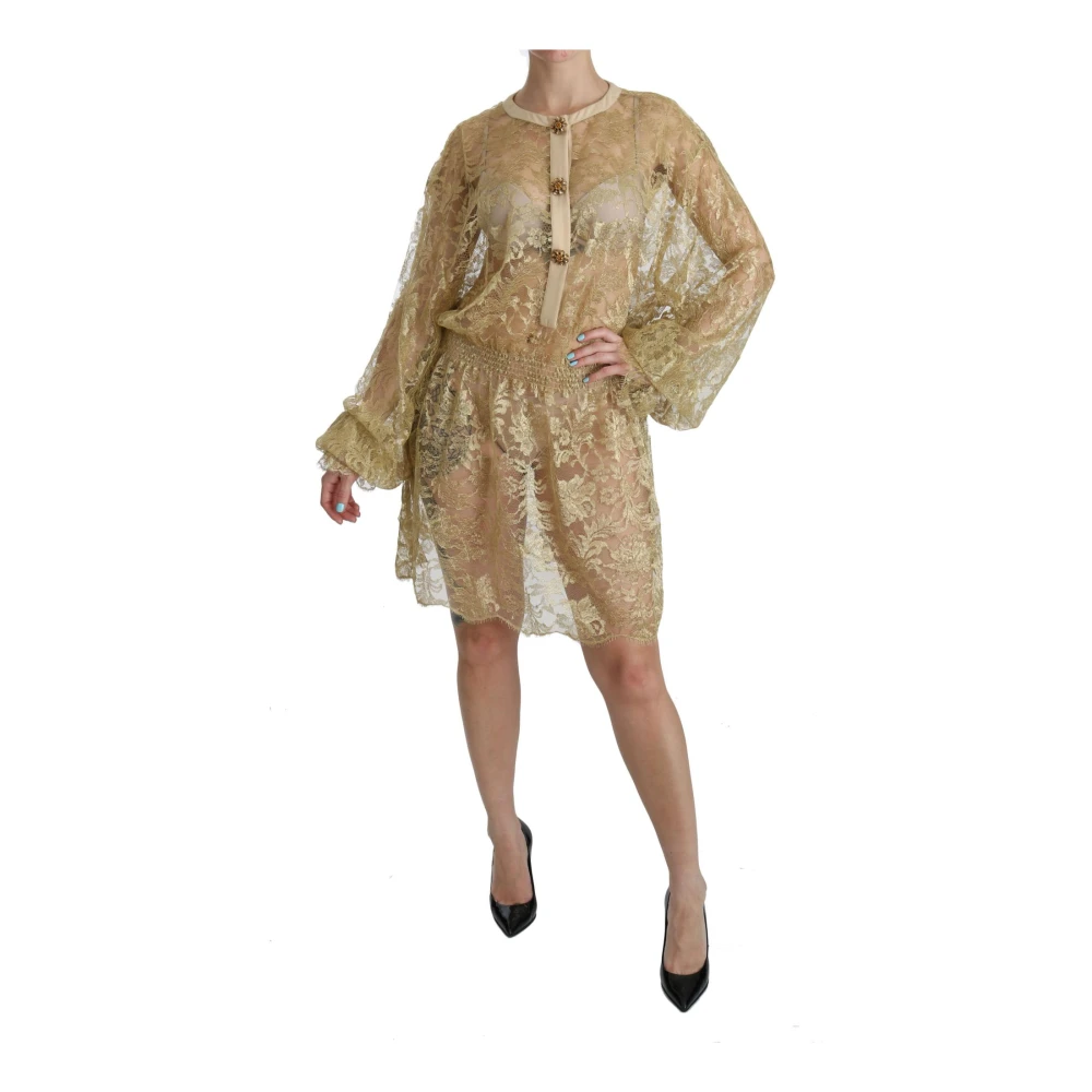 Dolce & Gabbana Women's Yellow Party Dresses, S, Gold Lace A-Line Knee Length Dress