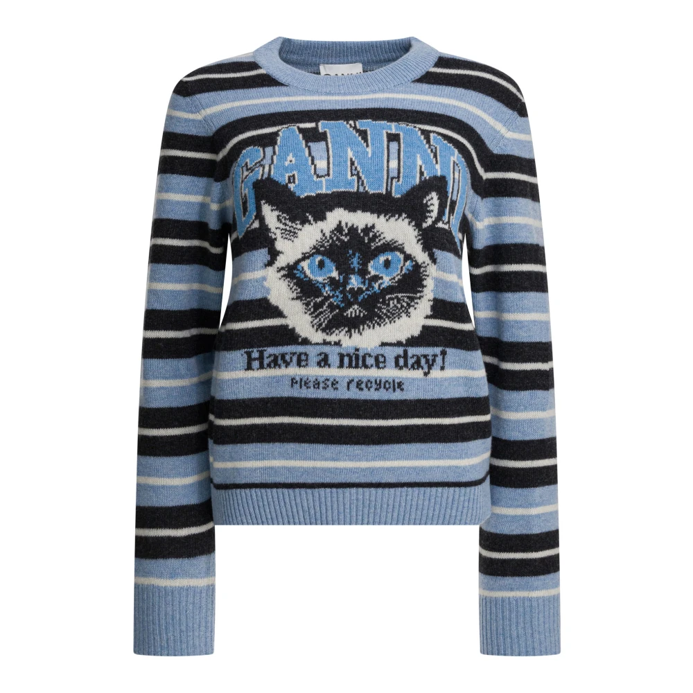 Ganni Women's Multicolor Round-Neck Knitwear, Xs, Wool Jumper With Graphic Print