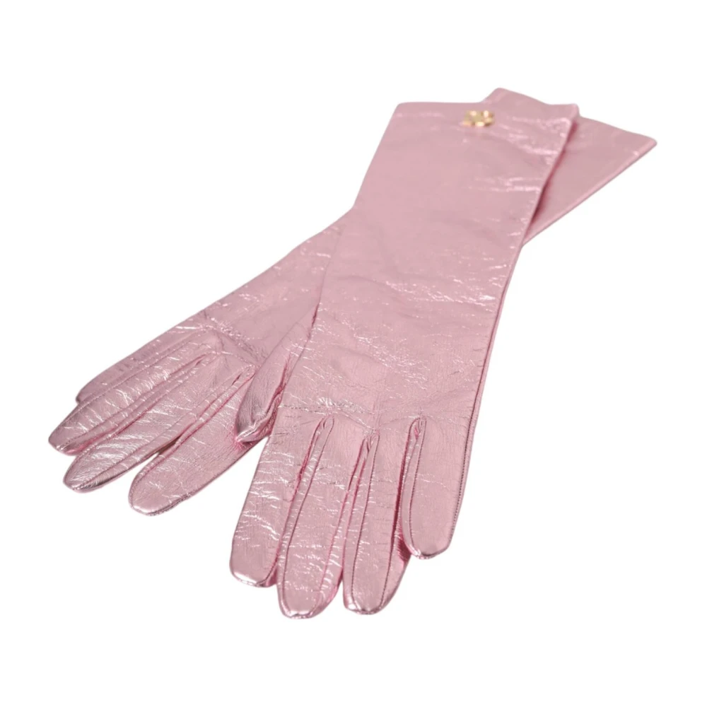 Dolce & Gabbana Metallic Leren Lange Handschoenen Roze Pink Dames