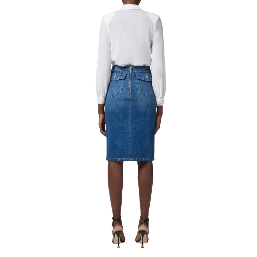 Elisabetta Franchi Denim kokerrok met split Blue Dames
