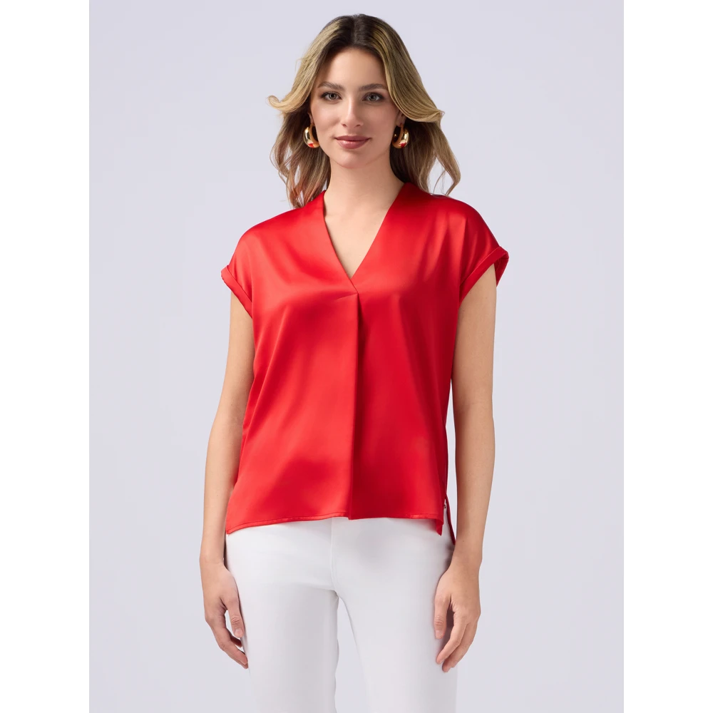 Oltre T-shirt van twee verschillende materialen met V-hals Red Dames
