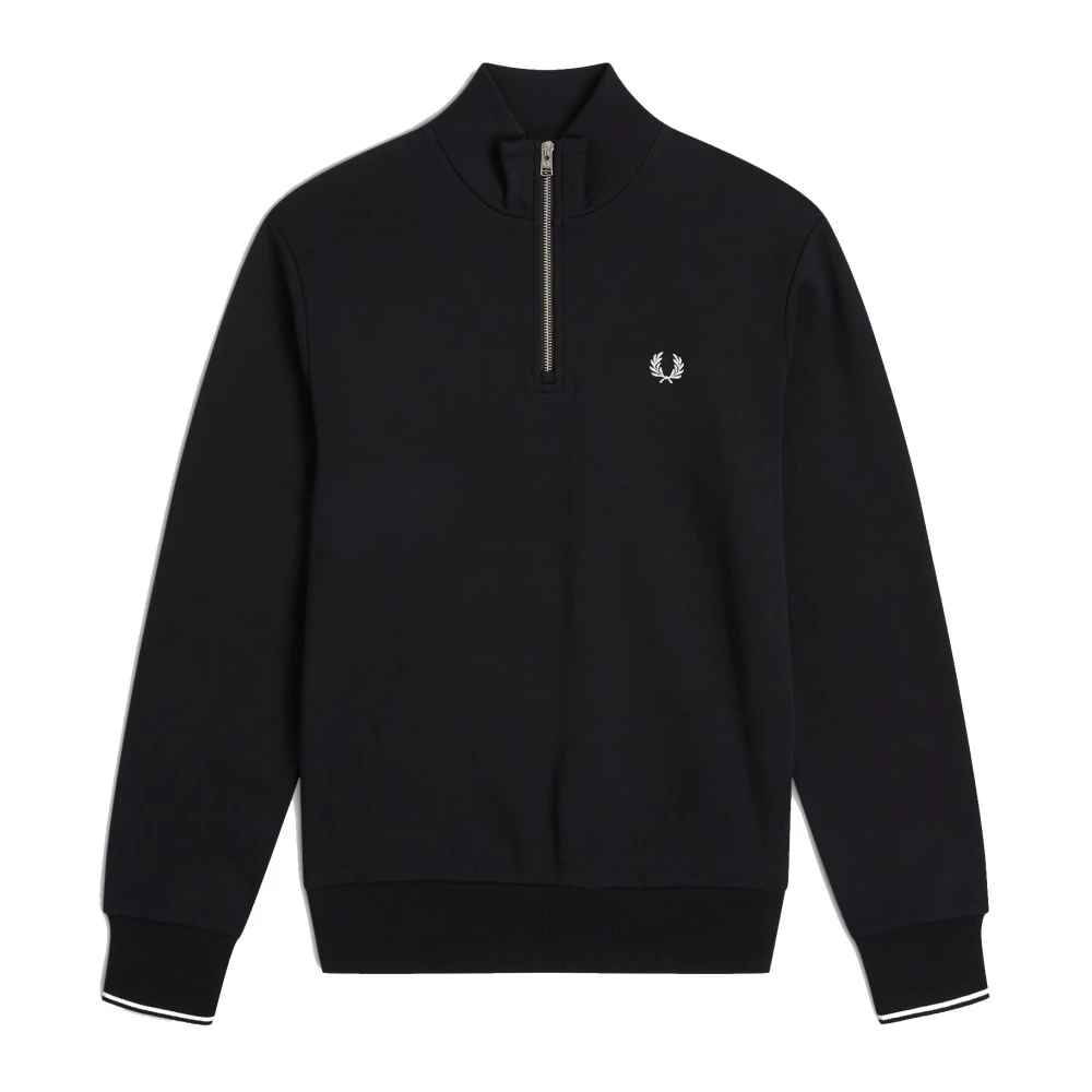 Fred Perry Half Zip Sweatshirt Zwart Gestreepte Achterkant Black Heren