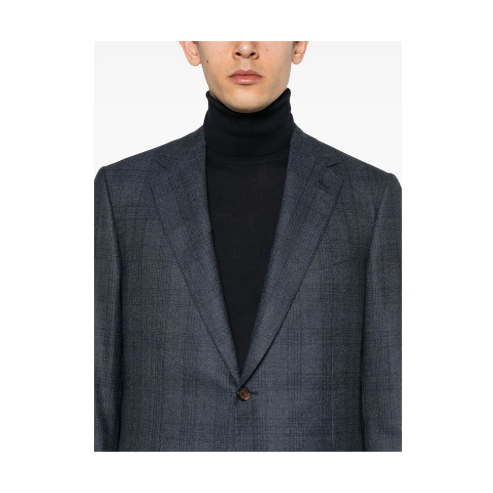 Caruso Navy Blue Wool Plaid Check Suit Blue Heren