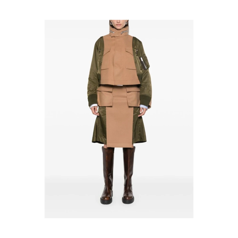 Sacai Groene Wol Staande Kraag Jas Brown Dames