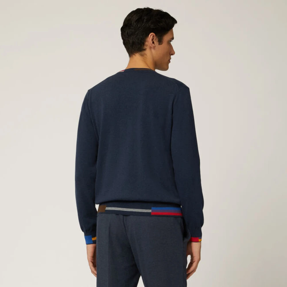 Harmont & Blaine Katoen en wol crew-neck sweater met multicolor details Blue Heren