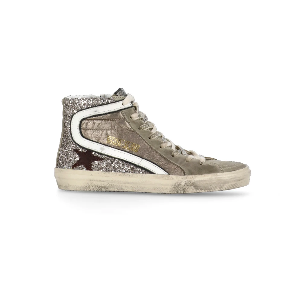 Golden Goose Grå Läder High-Top Sneakers med Glitter Gray, Dam