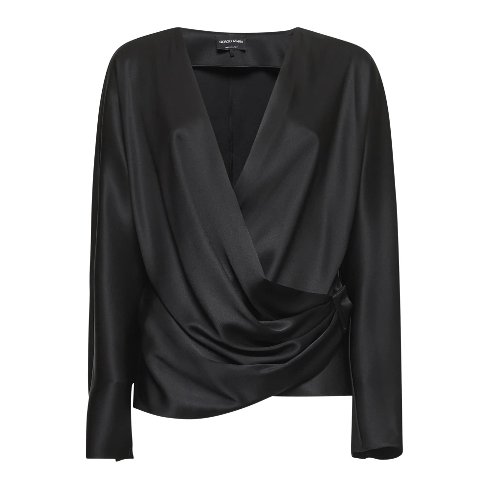 Giorgio Armani Zijden V-Hals Gedrapeerde Top Zwart Black Dames