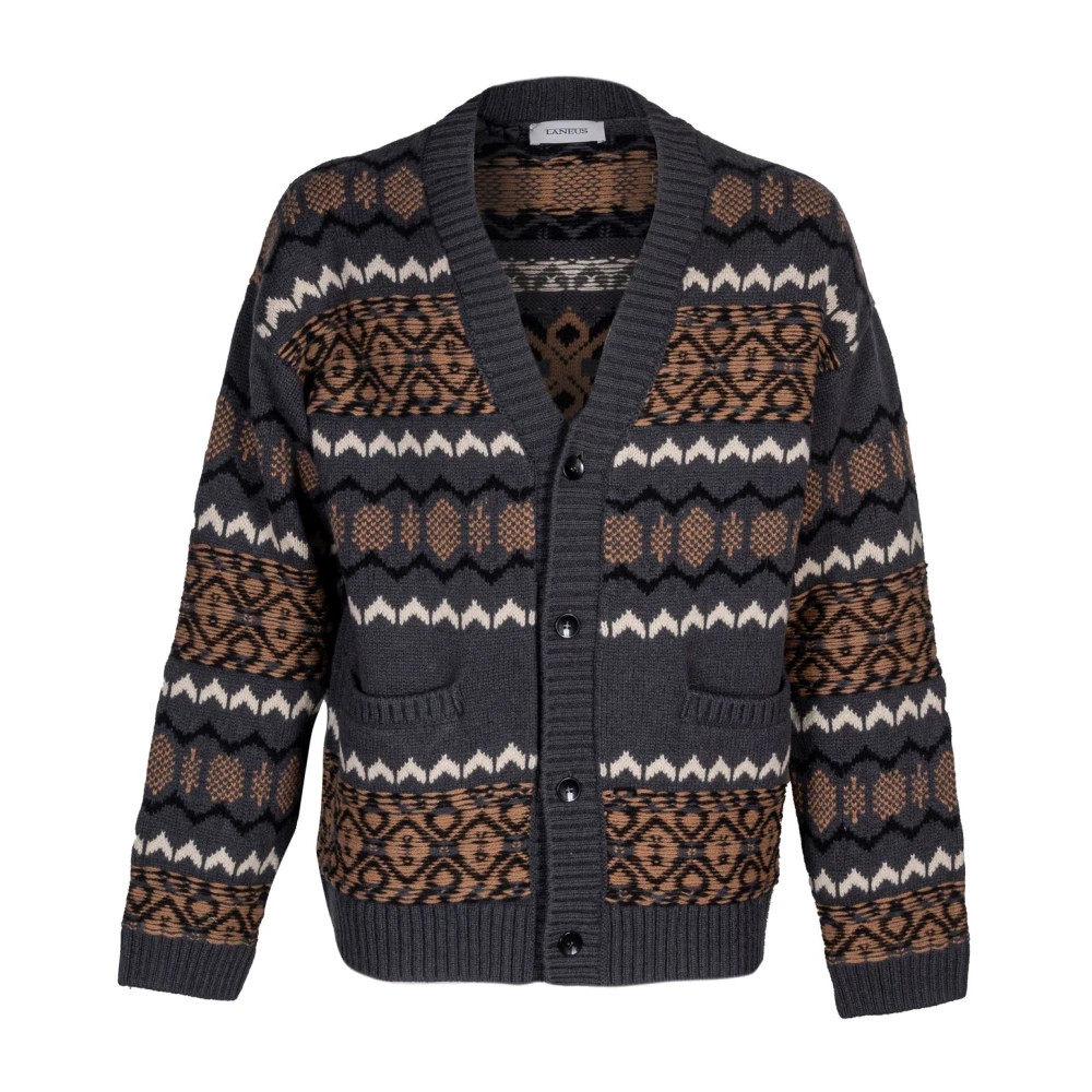 Laneus Heren Cardigan Over Fit Jacquard Details Brown Heren
