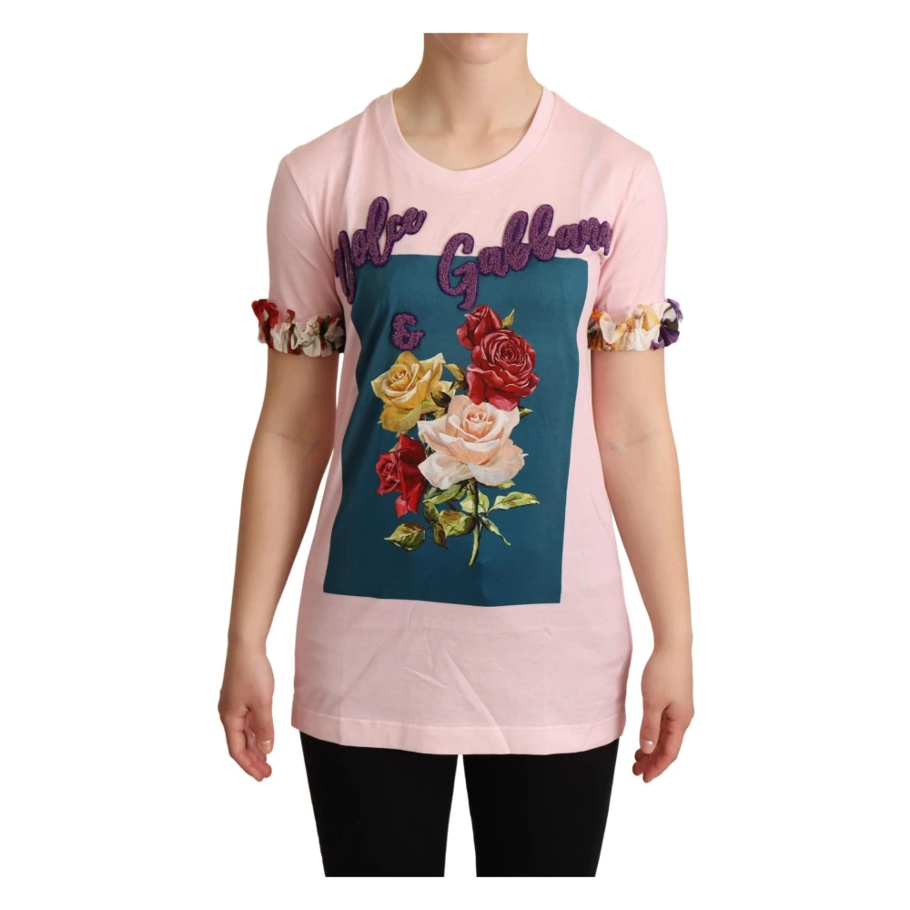 Dolce & Gabbana Women's Pink T-Shirts, 3XS, Floral Roses Crewneck T-Shirt