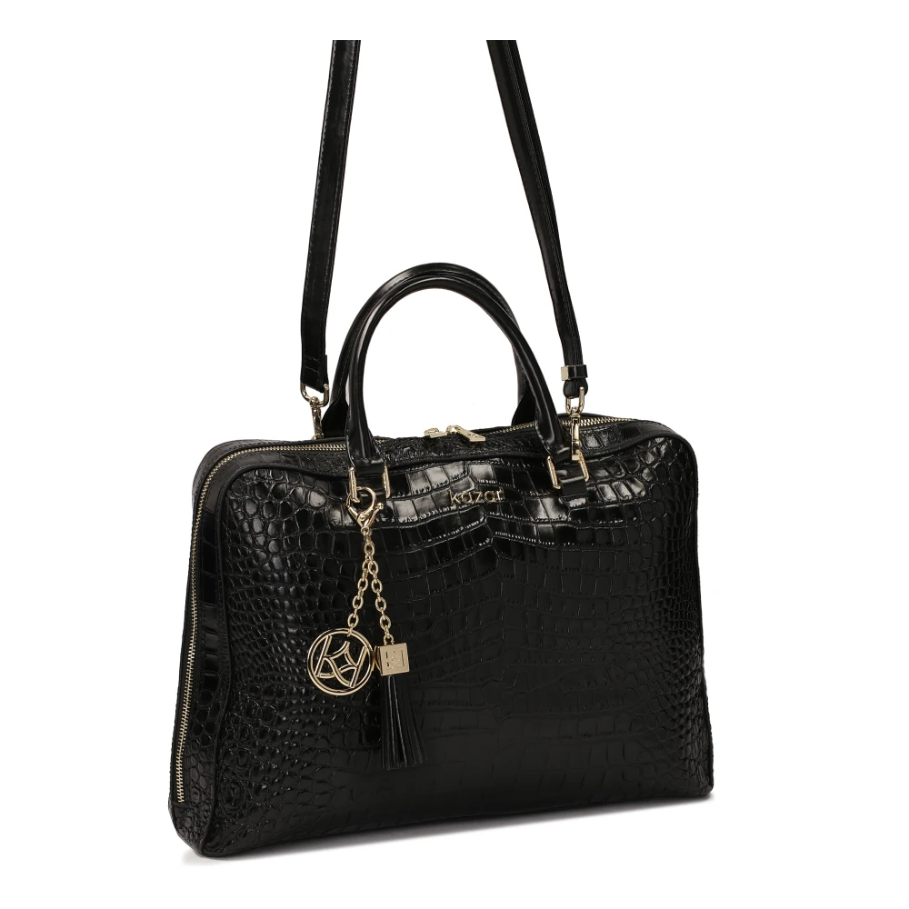 Kazar Elegante zwarte reliëf leren laptoptas Black Dames
