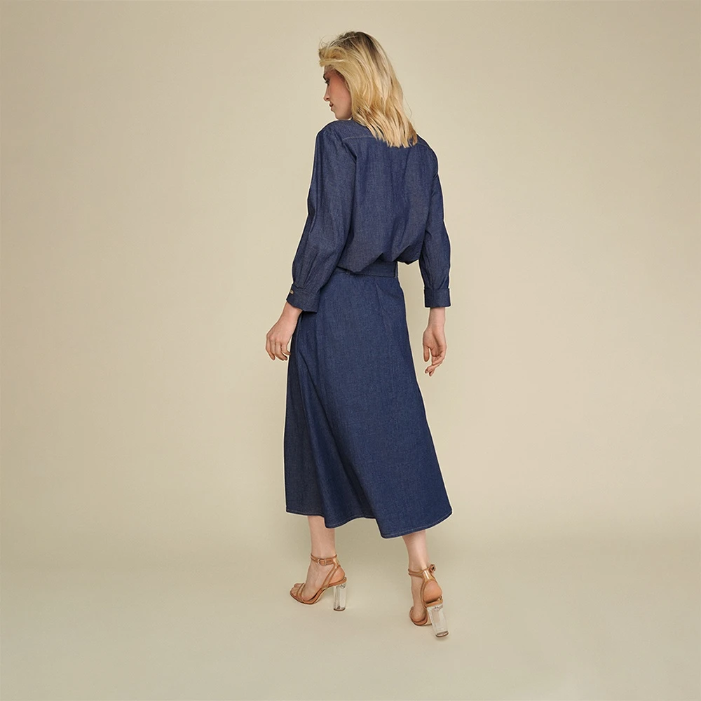 Marie Méro Jeans Geplooide Taille Kuitlengte Rok Blue Dames