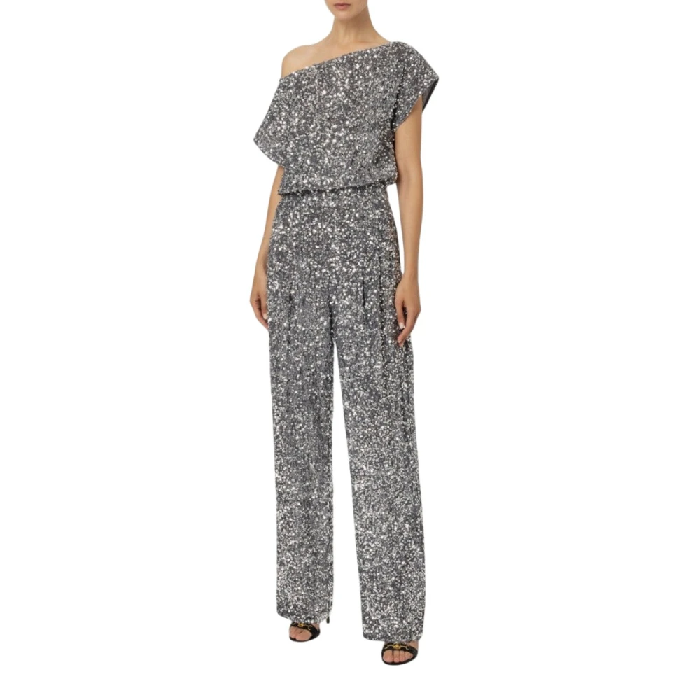 Elisabetta Franchi Geborduurde fluwelen jumpsuit met boothals Gray Dames
