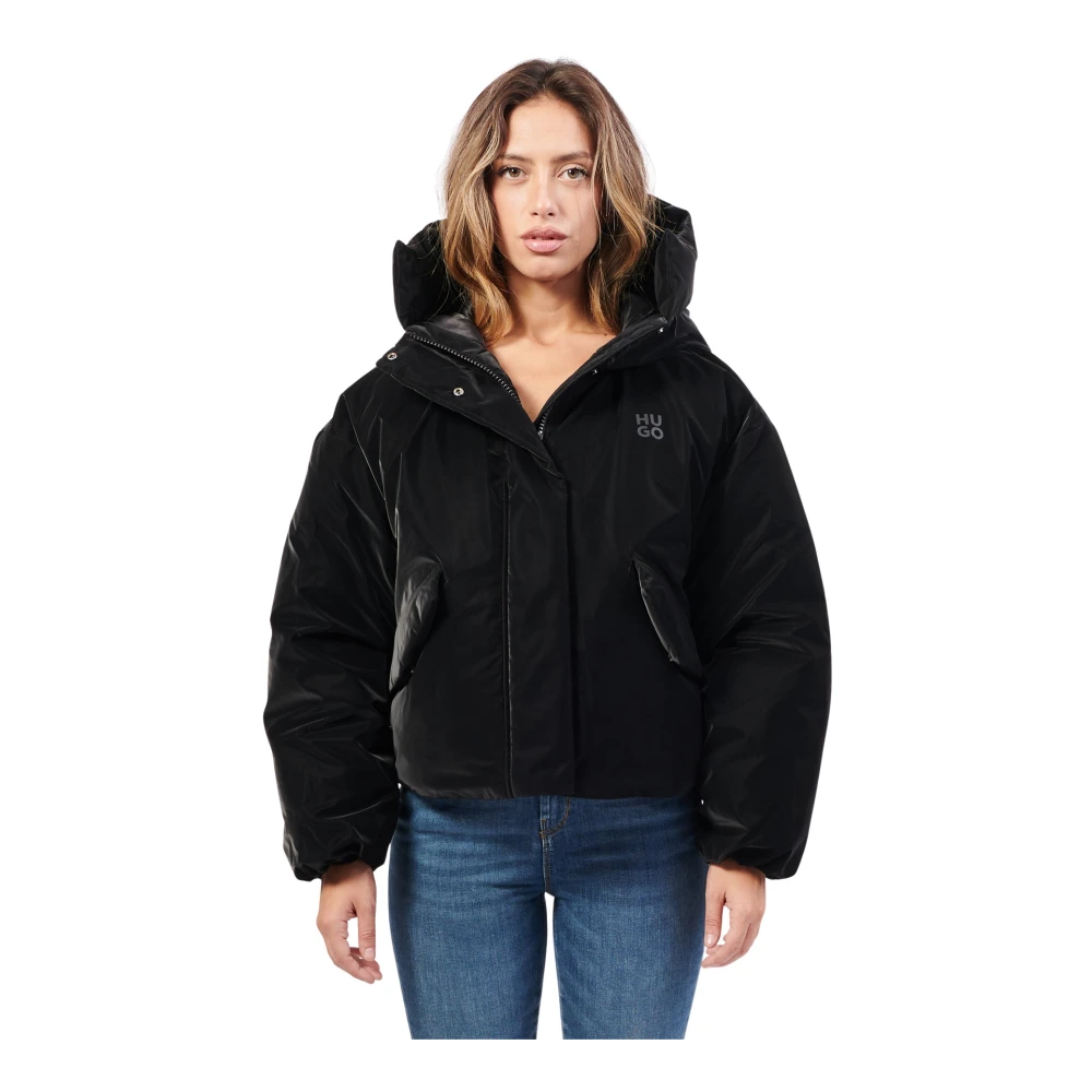 Hugo Boss Oversize Fluwelen Jas met Capuchon Black Dames