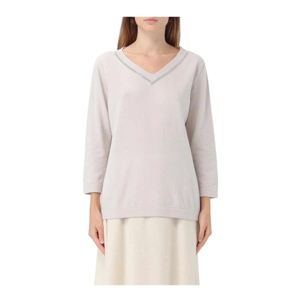 Fabiana Filippi Women's White Cashmere Knitwear, M, Cashmere V-Neck Pullover Jumper