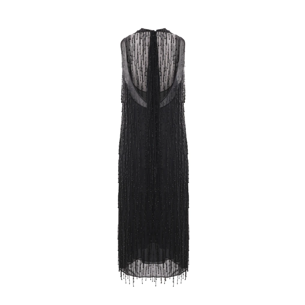 Blumarine Zwarte Georgette Jurk met Kralen Franjes Black Dames